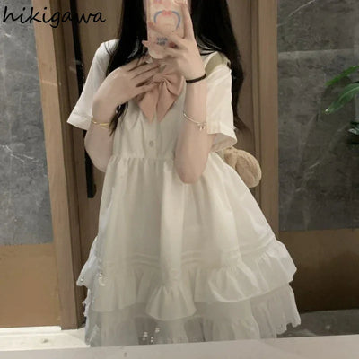 Sweet Summer Dress for Women Bow Tunic A-line Summer Robe Femme Short Sleeve Ruffles Cute Loose Dresses 2025 Vestidos De Mujer