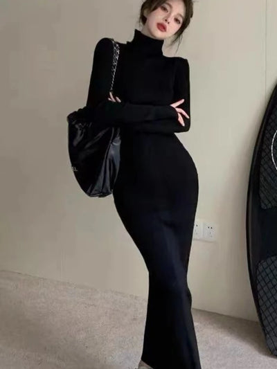 Turtleneck Black Dresses Women Solid Skinny Ladies Clothing Autumn Ankle-length Bodycon Long Sleeve Sexy Warm Fashion Trumpet