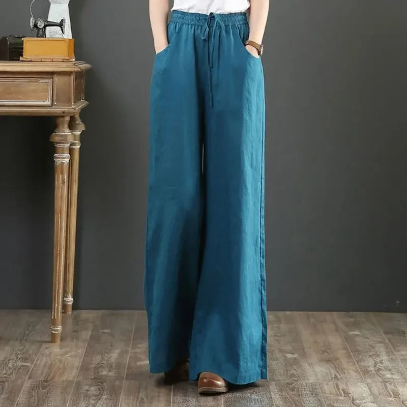 Wide-leg Pants Spring Casual Women's Versatile Loose Cotton Linen High-waist Drawstring Straight Trousers