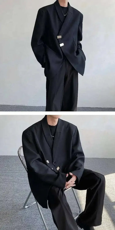 IEFB Metal Button Design Men's Blazers Shawl Collar Oblique Placket Design Casual Clothing Solid Color Male Suit Jackets 9W957