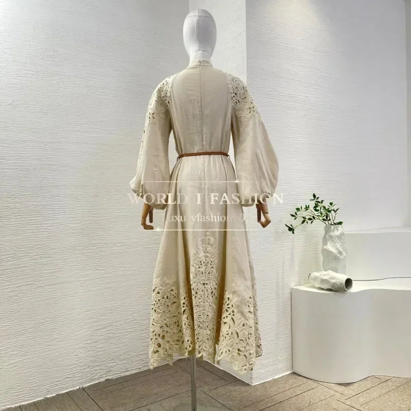 2025 Slik Beige Long Sleeve Midi Dress for Women