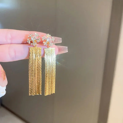 Fashion Statement Long Statement Gold Plated Bling Tassel Earring For Women Female Stainless Steel Wedding Daily Pendant Jewelry