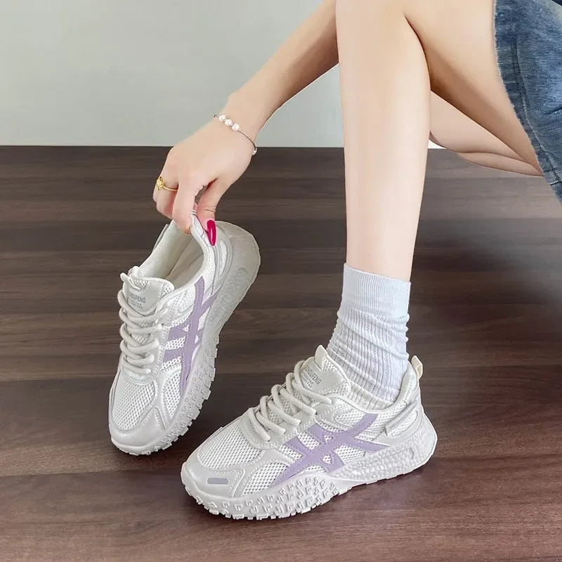 Women's Breathable Mesh Summer Running Shoes Comfortable Thick Bottom Dad Casual Shoes Versatile Pigskin Lined Rubber Soft Sole