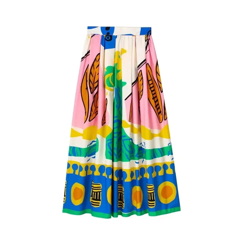 Printed Long Skirts For Women Fashion 2025 Pleated Midi Skirt Woman High Waist Skirt Sets Streetwear Summer Beach Skirt