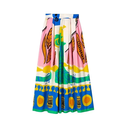 Printed Long Skirts For Women Fashion 2025 Pleated Midi Skirt Woman High Waist Skirt Sets Streetwear Summer Beach Skirt