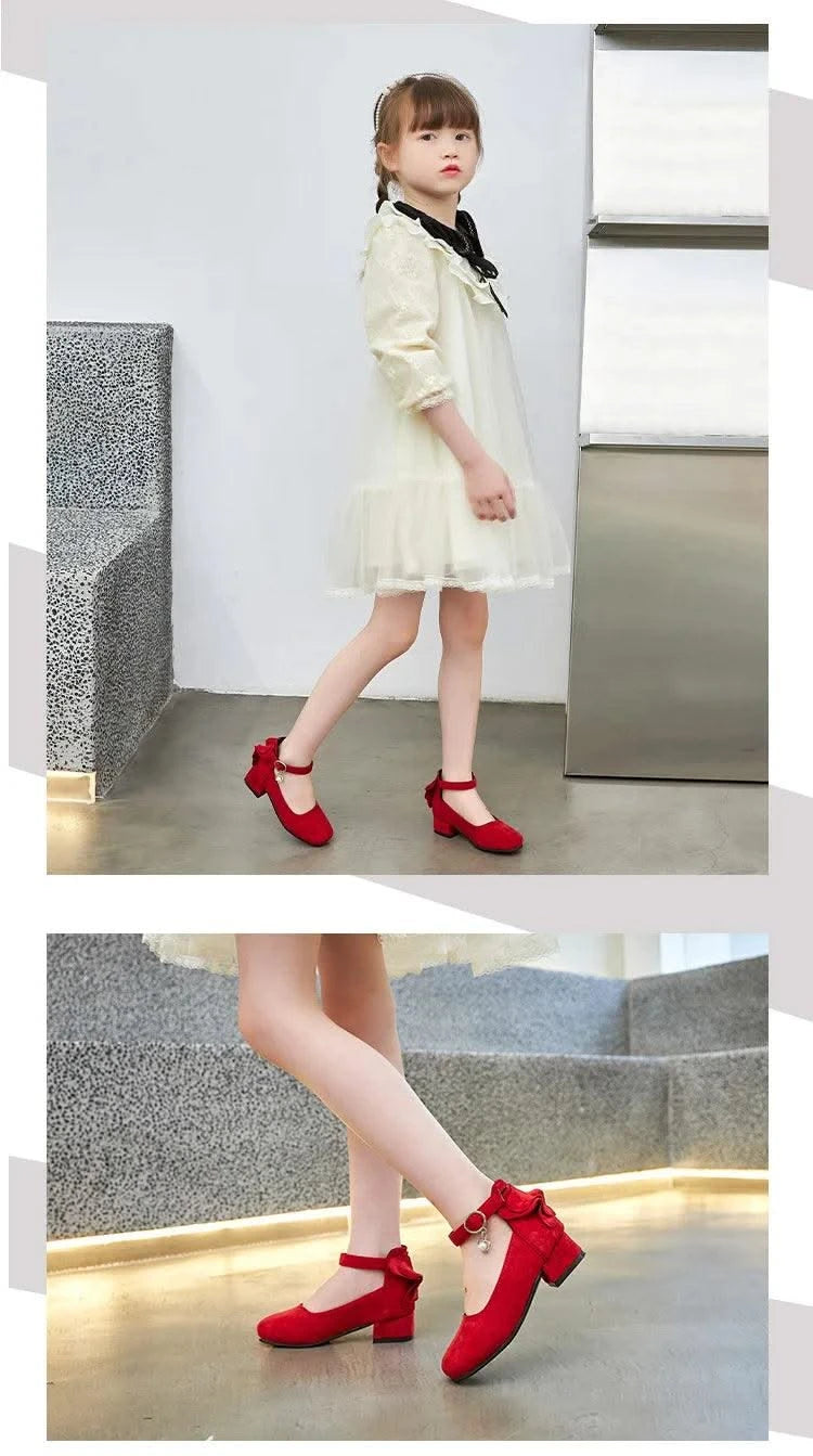 Kids Velvet Black, Pink, Red Leather High Heeled Shoes 3-15T | Girl's Princess Shoes For Party, Wedding, Dance | Children's Fashion