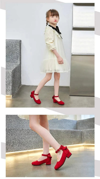 Kids Velvet Black, Pink, Red Leather High Heeled Shoes 3-15T | Girl's Princess Shoes For Party, Wedding, Dance | Children's Fashion