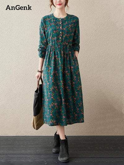 Long Sleeve Cotton Linen Vintage Floral Print Dresses For Women 2025 New Spring Autumn Casual Dress Robe Femme Elegant Clothing