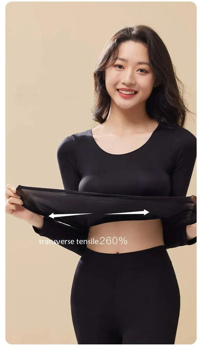 Women Thermal Underwear Long Sleeves Bottoming Shirt Pullover Elastic Casual Solid Top