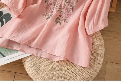 Linen V-neck EmbroideryTop For Women