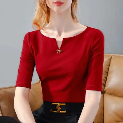 Women V-Neck Short Sleeve brooch Red Tops