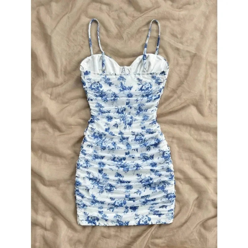 French Floral Slip Dress for Women Spring Summer Fashion Sexy Temperament Backless Mini Dresses Vacation Style Sling Beach Skirt