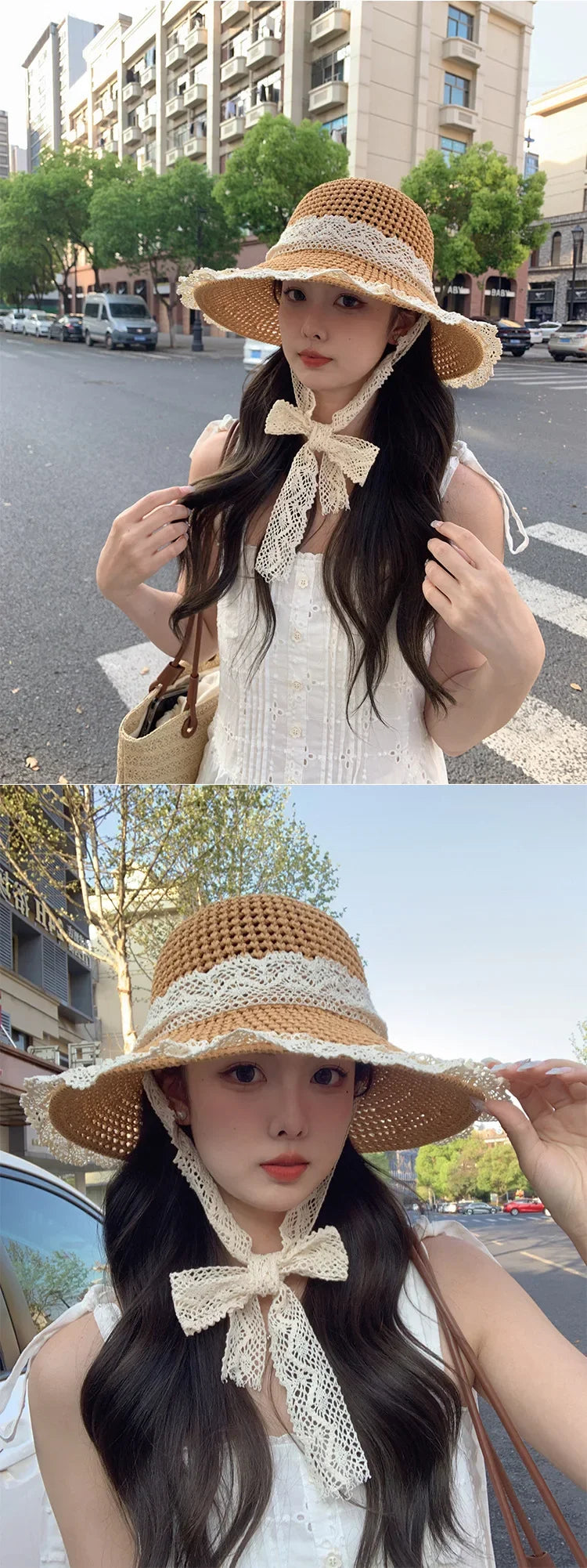 Sunscreen Hat for Women Summer Outdoor Sun Hat Large Brim French Lace Straw Hat Woven Vacation Beach Hat