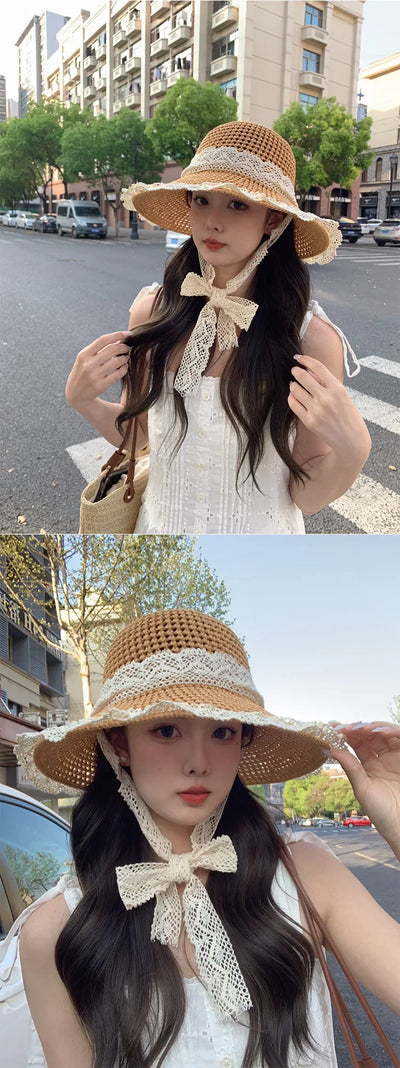 Sunscreen Hat for Women Summer Outdoor Sun Hat Large Brim French Lace Straw Hat Woven Vacation Beach Hat