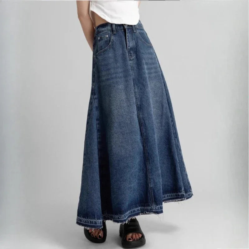 American Street Style Low Waist Large Hem Heavy Craft Retro Washed Frayed Denim Midi Skirt, Slimming A-line Skirts for Women