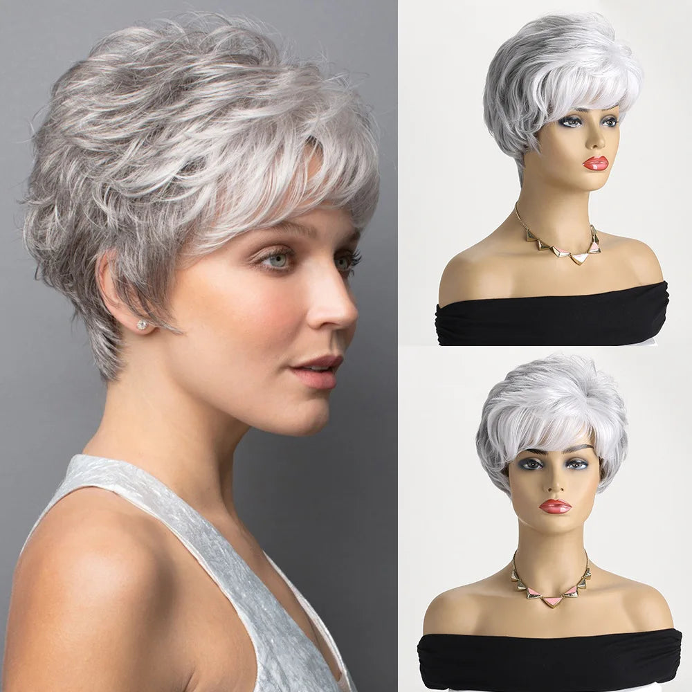 Short Grey Human Hair Wigs for Women Natural Pixie Cut Synthetic Wig Daily Hair