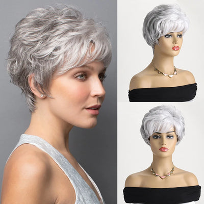 Short Grey Human Hair Wigs for Women Natural Pixie Cut Synthetic Wig Daily Hair