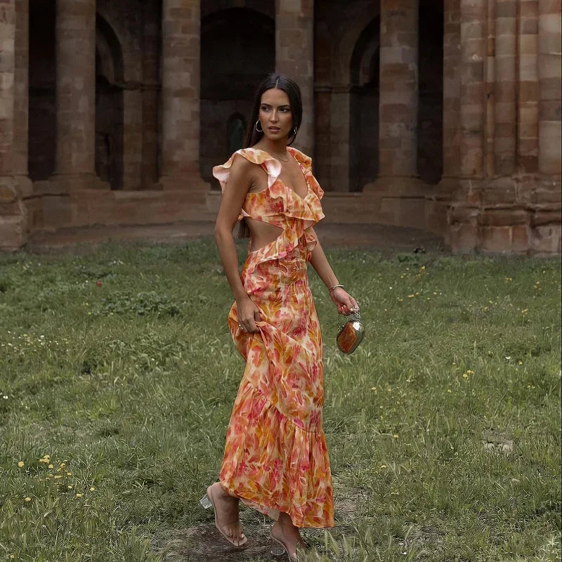 Slip Dress 2024 Summer Sleeveless Beach Style Ruffled Printing Vacation Fashion Women Casual Long Dress