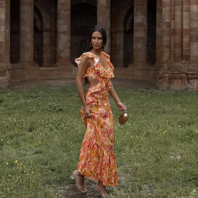 Slip Dress 2024 Summer Sleeveless Beach Style Ruffled Printing Vacation Fashion Women Casual Long Dress