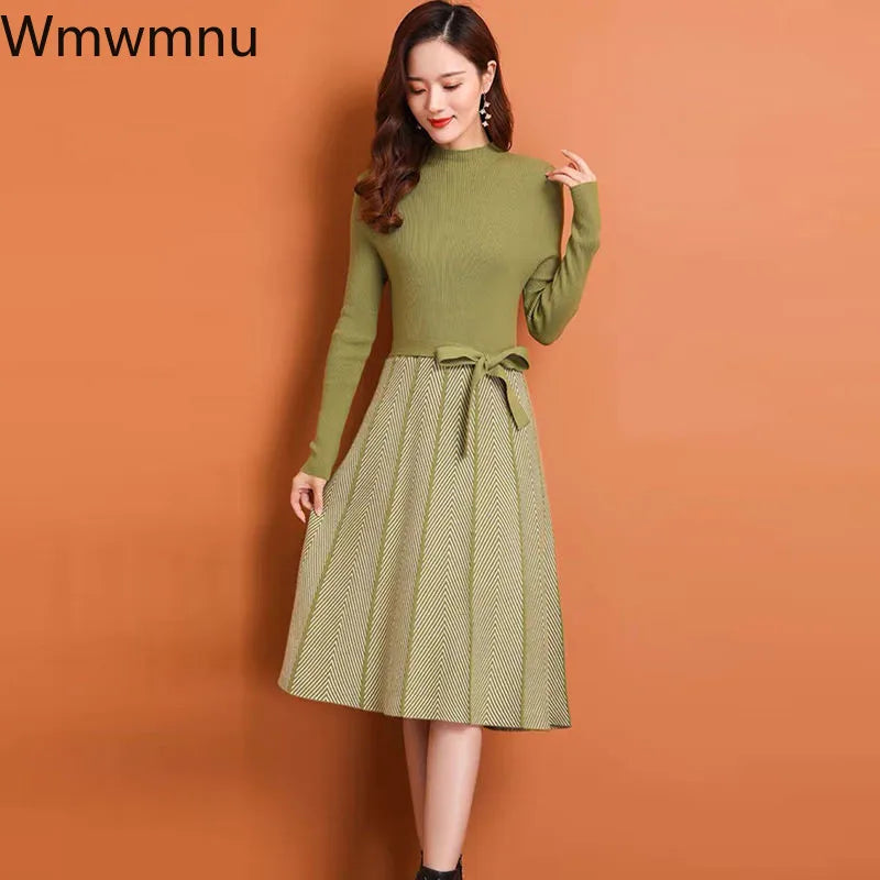 Sweater Dress Fall Winter patchwork Long Sleeve Women Elegant Knitted A-Line pleated Dress Female Korean Lace-Up Vestidos 2023