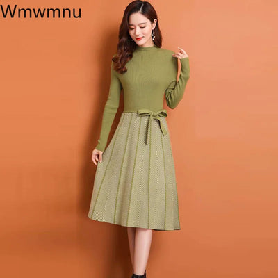 Sweater Dress Fall Winter patchwork Long Sleeve Women Elegant Knitted A-Line pleated Dress Female Korean Lace-Up Vestidos 2023