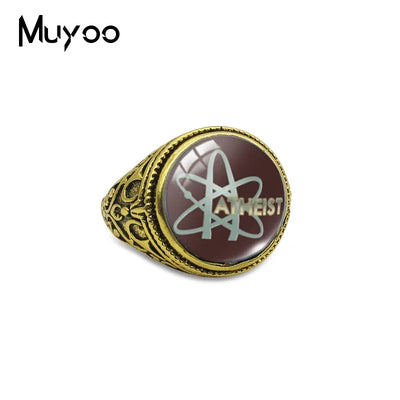 Atheist Atheism Symbol Antique Rings for Men Atheist Logo Glass Cabochon Fashion Dome Rings Handmade Jewelry Vintage Ring