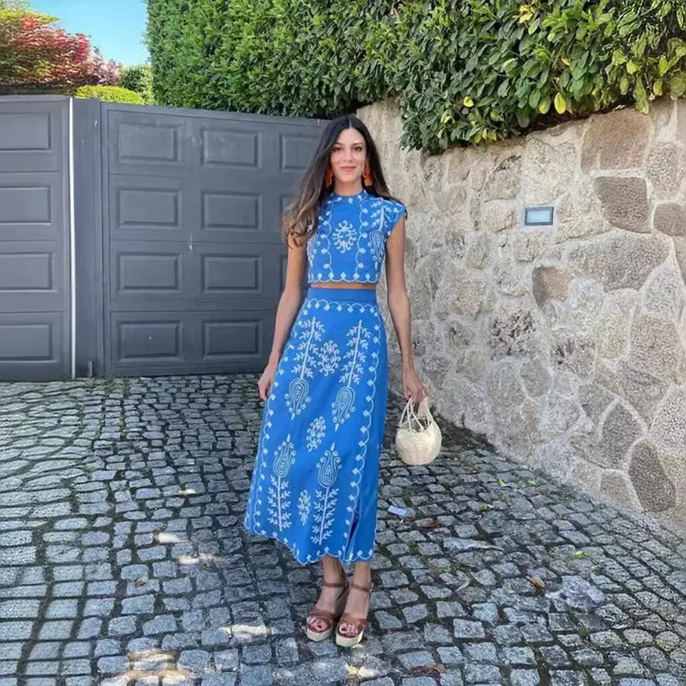 Cotton Linen Print Top Two Piece Set For Women