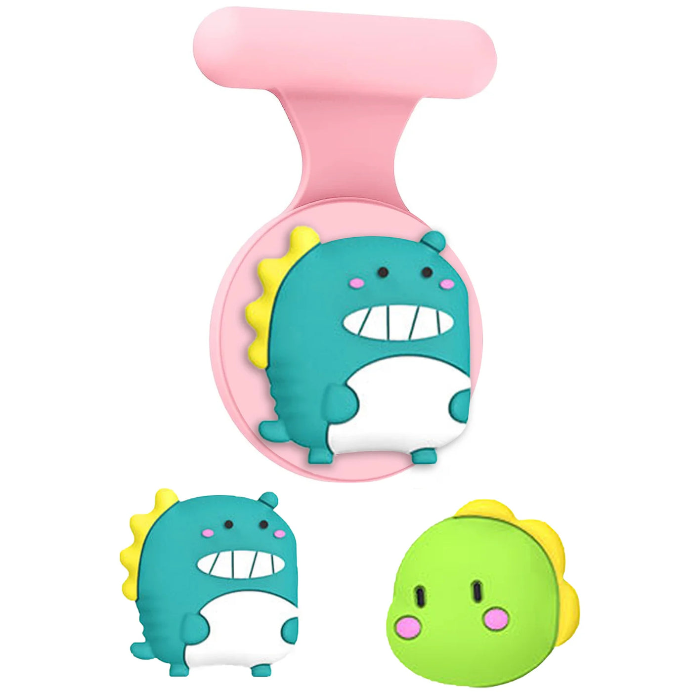 Pink white dinosaur silicone AirTag holder case with green accents for kids