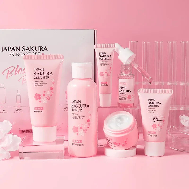 5pcs/set Sakura Skin Care Sets Face Cream Serum Toner Facial Cleanser Sunscreen Eye Cream Face Skin Care Products