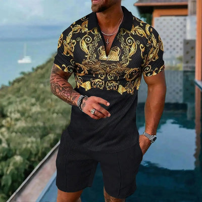 Men's Polo Shirts Short Sleeve Sets Casual Simple Style 2 Piece Outfit Fashion Zipper Tops Shorts Suit Summer Street Clothing