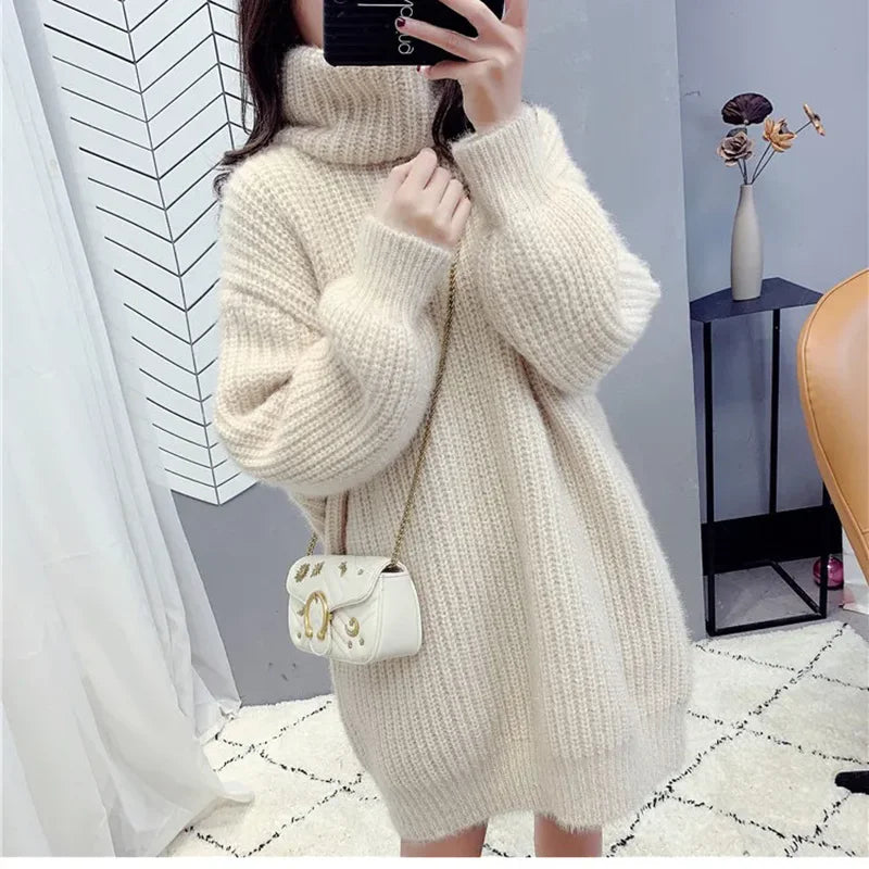 Turtleneck Pullover Sweater Dress Women's Outer Wear 2025 New Autumn Winter Fashion Loose Warm Mid-length Knitted Coat Tops
