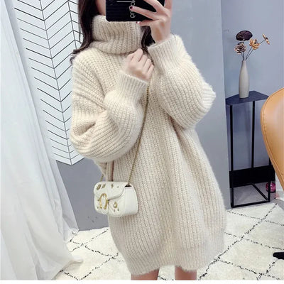 Turtleneck Pullover Sweater Dress Women's Outer Wear 2025 New Autumn Winter Fashion Loose Warm Mid-length Knitted Coat Tops