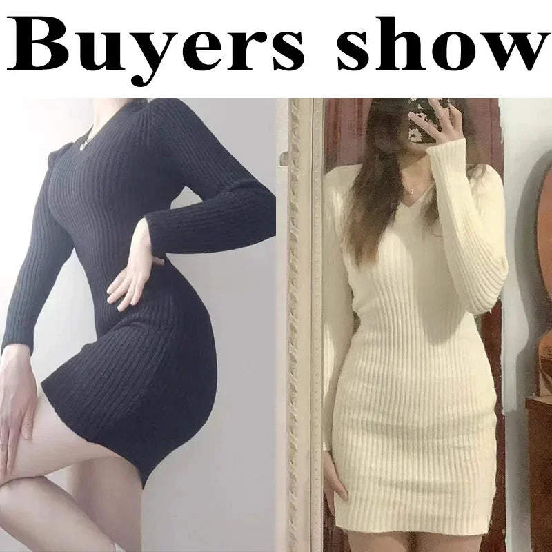 Korean Style Tight Knitted Dresses for Women Autumn Winter 2023 Long Sleeve Bodycon Dress Female Sexy V Neck Sweater Dress Woman
