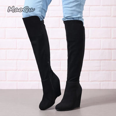 Women Autumn Winter Knee High Boots Wedge Boots for Women Plus Size Suede Elastic Women's Long Botas Feminino Botas Para Mujer