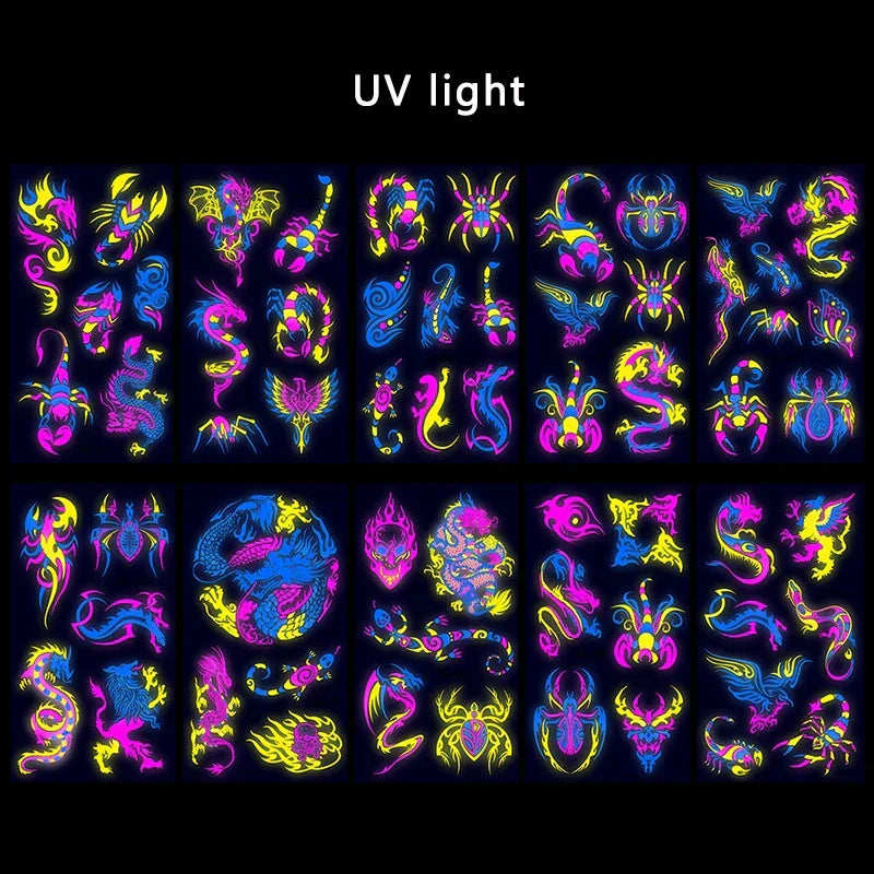 Temporary Fluorescent Tattoos Flower Feather Animals Pattern Body Arm Leg Face Stickers Night Bar Party Music Festival