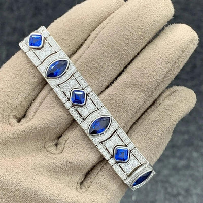 Wong Rain Elegant 100% 925 Sterling Silver Marquise Cut Sapphire Gemstone Women Bracelets Bangle Fine Jewelry Anniversary Gifts