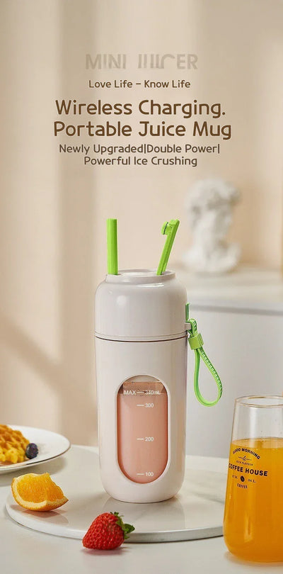 Portable Electric Blender Cup for Smoothies, Shaved Ice, and Juices - 12-Blade Stainless Steel with Wireless Charging Function