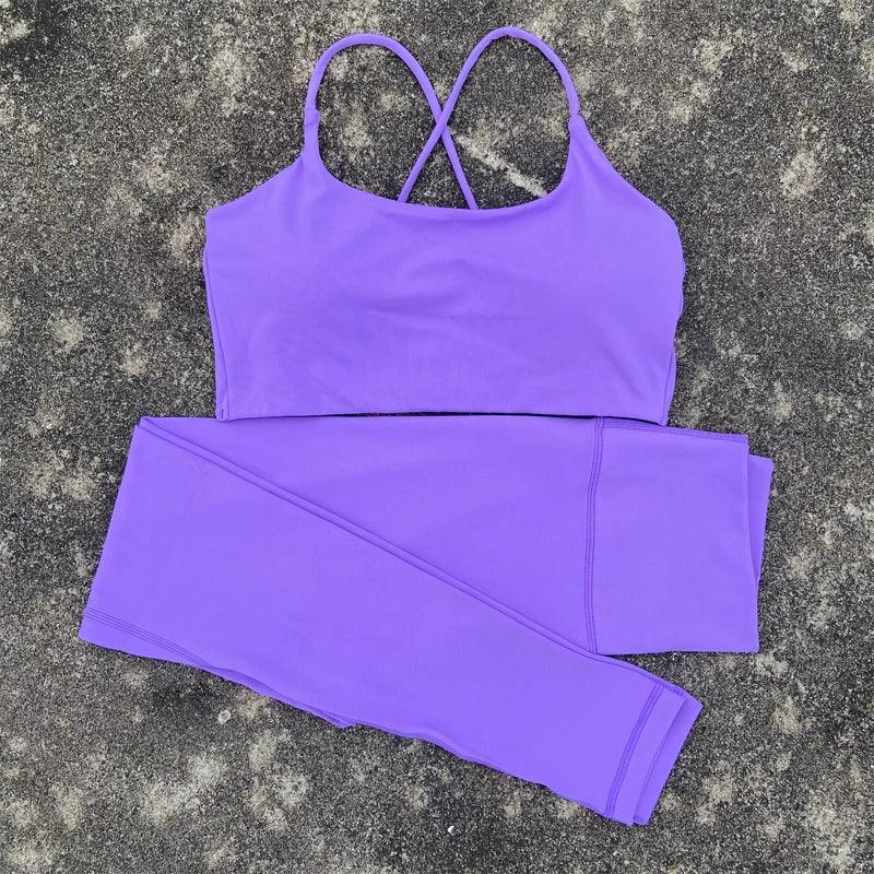 2pcs Gym Leggings Set Yoga Sports Set Women Workout Outfit Fitness Suit Cross Straps Bra High Waist Leggings Running Tracksuit