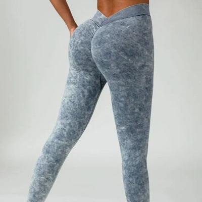 Women BUM Low V-Back Scrunch Butt Leggings Acid Wash Denim Blue Women High Stretch Sports Yoga Pants Women Gym Cycling leggings