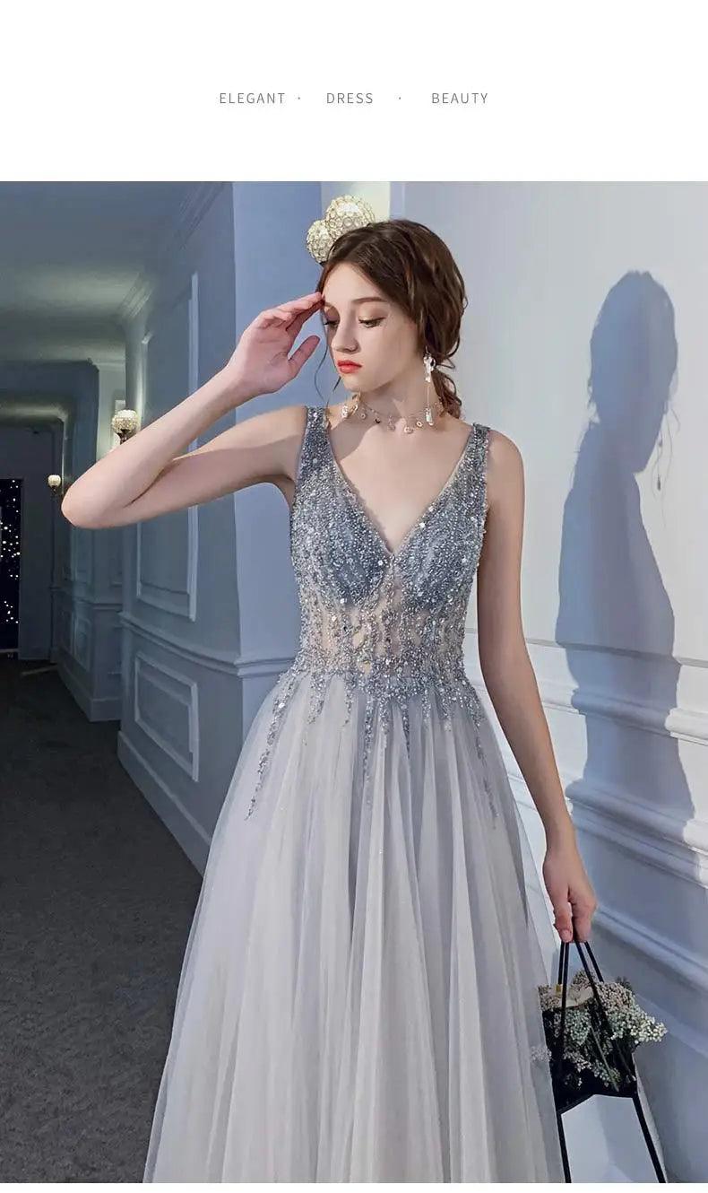Women’s evening dresses sexy v-neck luxury formal party gown backless beads sequins tulle side split banquet dress