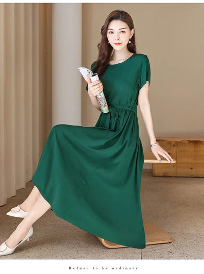 New Fashion Summer Dresses For Women 2025 Elegant Casual Short Sleeve Midi Dress Soild Colour Women Clothing