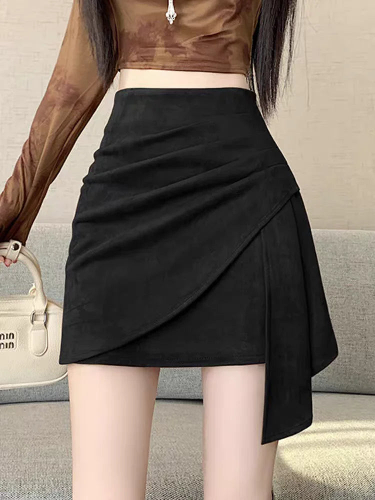 Unique Asymmetrical Suede Skirts for Women retro-style Pencil Skirt Ankle Boots Skirt for Fall Winter, chic outfit