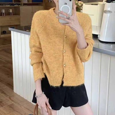 Autumn Winter Women's Knitted Jacket Solid Color Fuzzy Long Sleeve Button Sweater Cardigan Casual O-Neck Loose Soft Knitwear