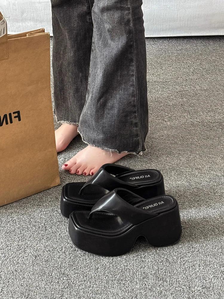 Women's Summer Outdoor Platform Sandals Flip Flops High Heel Thi Bot Clog oes Heightening Slippers Korean Sle PU Mat...