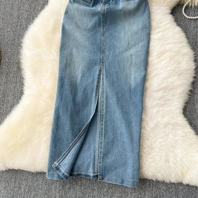 Denim Dress Women Sheath Dresses Vintage Sexy Vestidos Sleeveless Backless Washed Belt Tight Waist Split Sundress Summer 2025