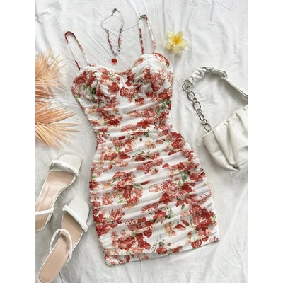 French Floral Slip Dress for Women Spring Summer Fashion Sexy Temperament Backless Mini Dresses Vacation Style Sling Beach Skirt