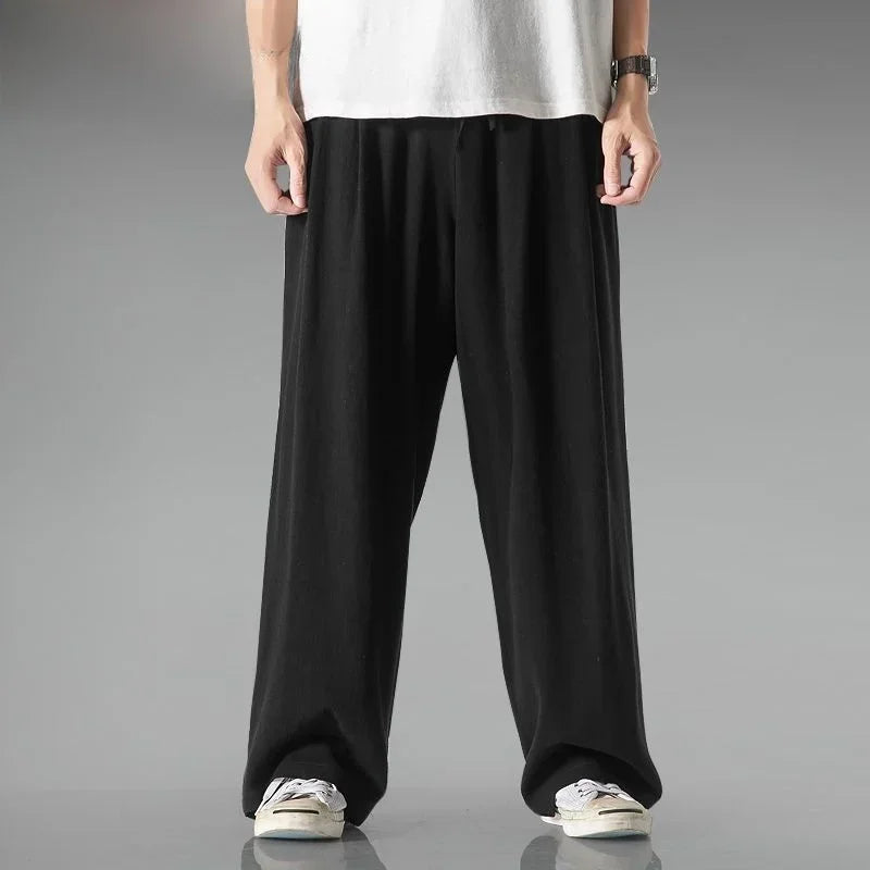 Summer Large Size Linen Cotton Wide Leg Pants Men Casual Comfortable Loose Fit Straight Leg Trousers Long Pants