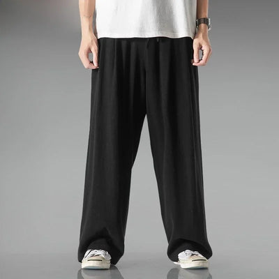 Summer Large Size Linen Cotton Wide Leg Pants Men Casual Comfortable Loose Fit Straight Leg Trousers Long Pants