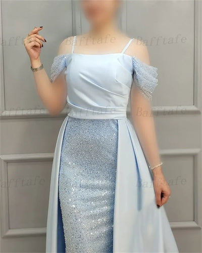 Bafftafe Shiny Sequines Satin Mermaid Evening Dresses Prom Off The Shoulder Straps Customized Women Formal Birthday Party Gowns