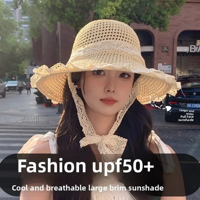 Sunscreen Hat for Women Summer Outdoor Sun Hat Large Brim French Lace Straw Hat Woven Vacation Beach Hat